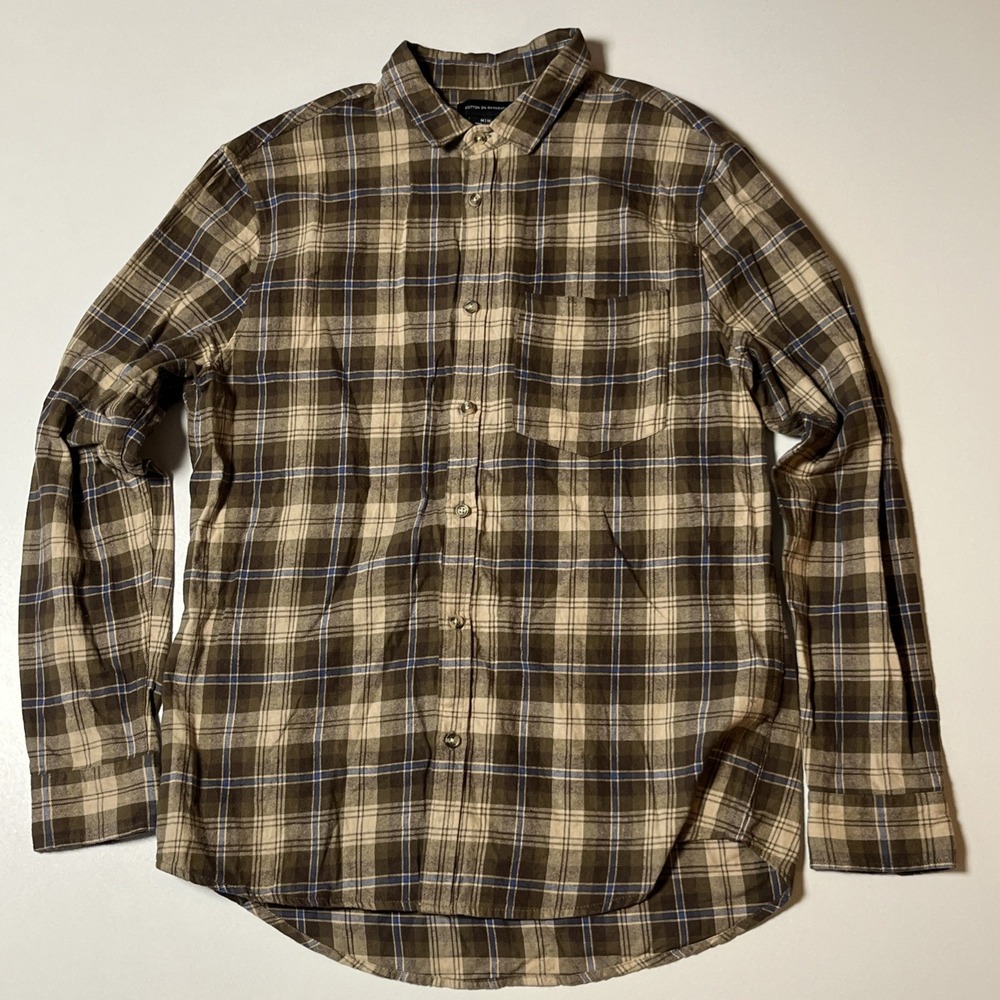 Cotton On Flannel Shirt Size M Brown Beige Blue Casual Button Up One Pocket Top - Picture 2 of 8
